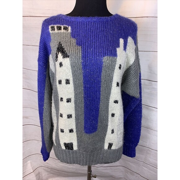 Vintage Wool Angora Sweater Pullover S Art Modern Skyscrapers Houses Skyline NYC - Picture 2 of 12